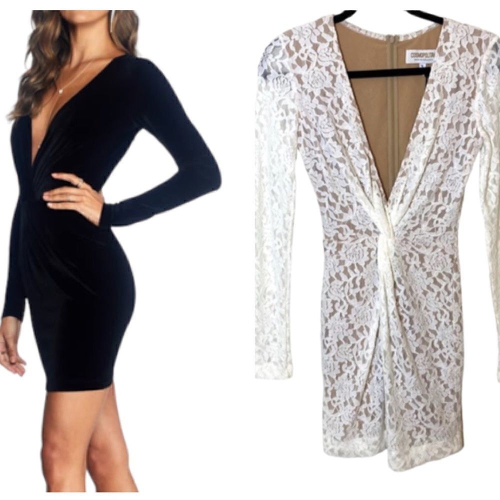 𝅺COSMOPOLITAN Dress The Population Adian White Lace Twist Bodycon Dress